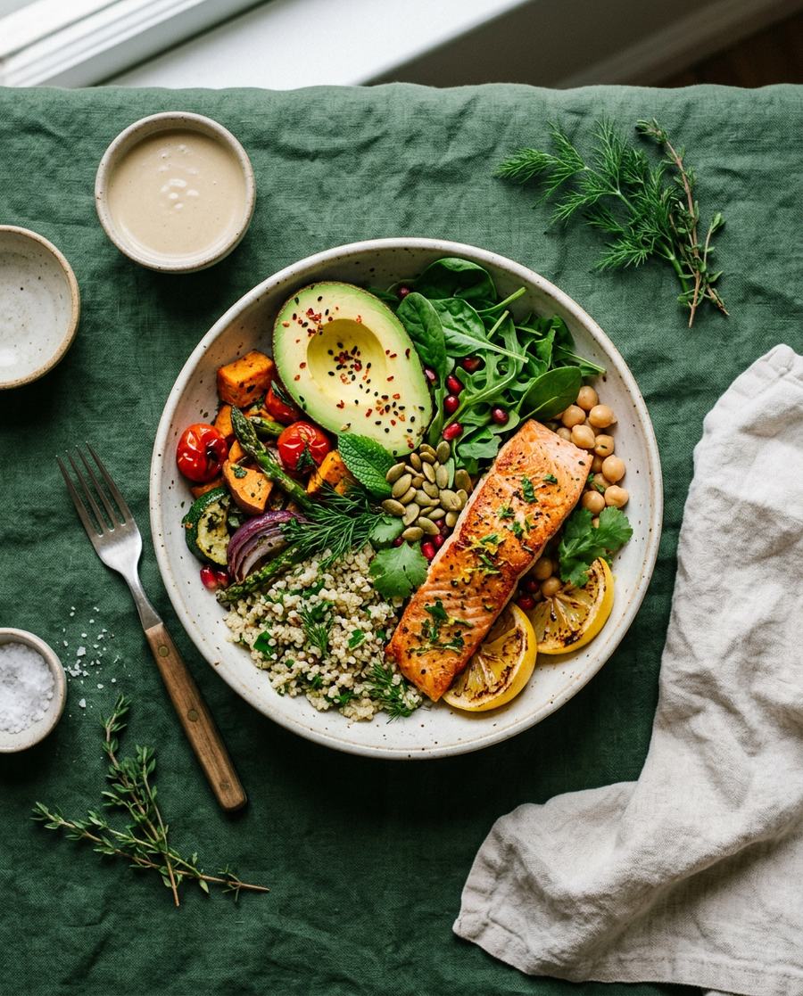 Prato de comida saudável, colorido e equilibrado